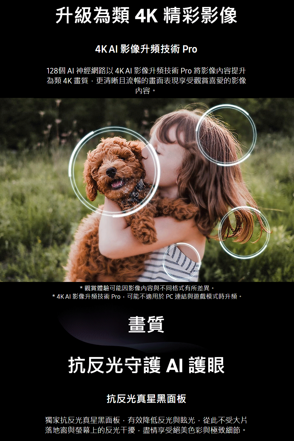4K AI 影像升頻技術 Pro,可能不適用於 PC 連結與遊戲模式時升頻。