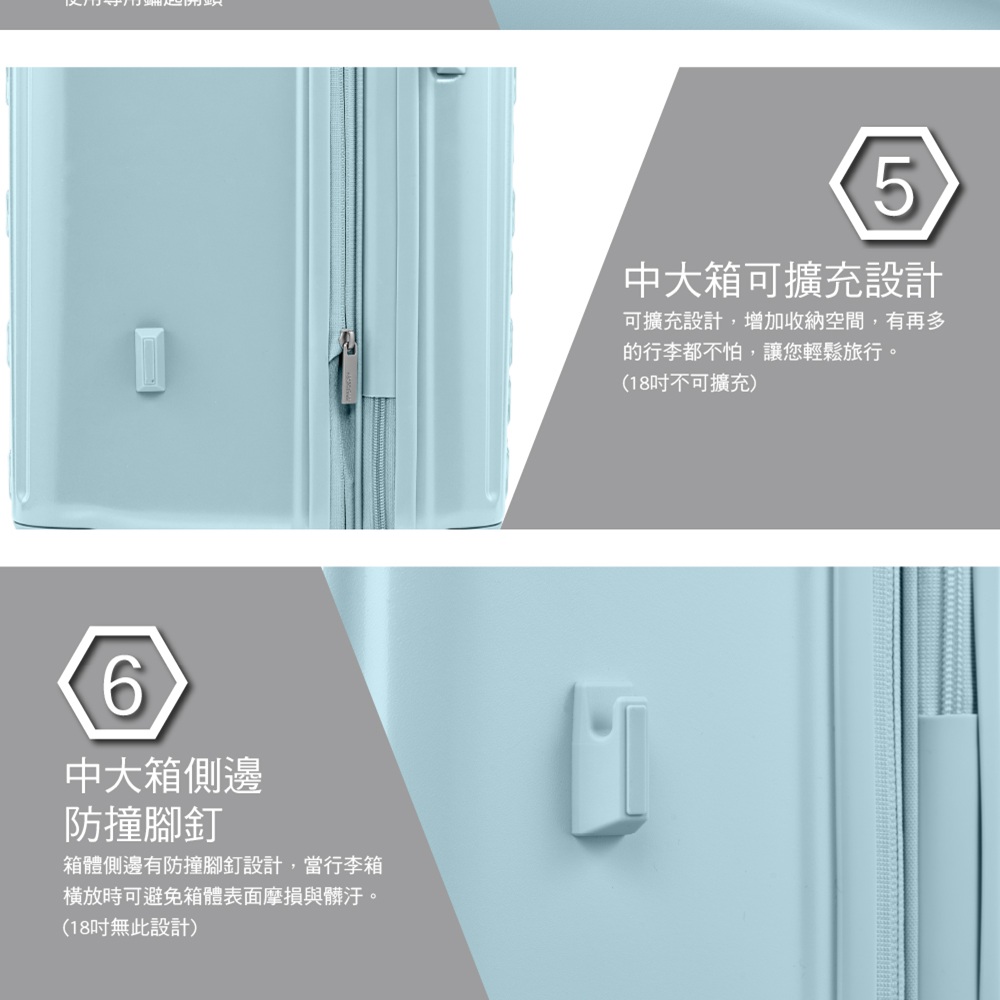 箱體側邊有防撞腳釘設計,當行李箱