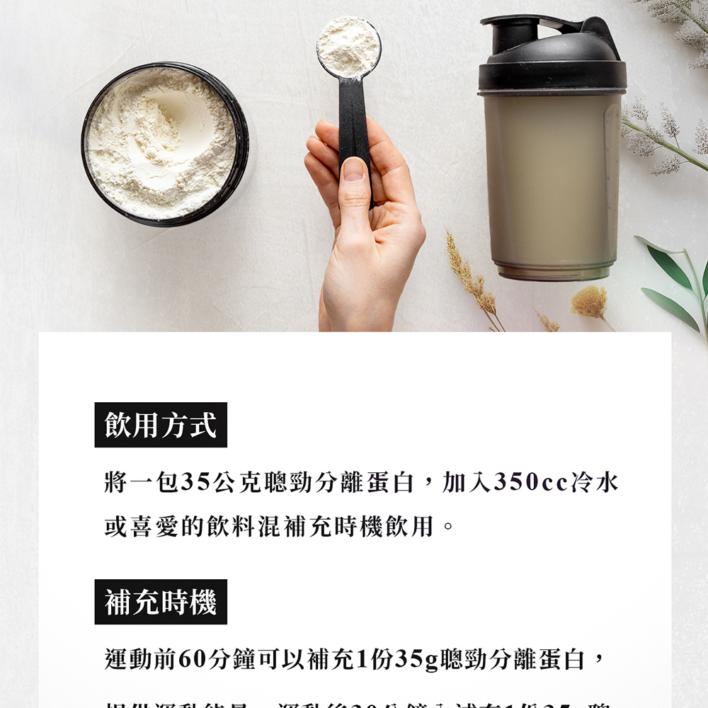飲用方式將一包35公克聰勁分離蛋白,加入350cc冷水或喜愛的飲料混補充時機飲用。補充時機運動前60分鐘可以補充1份35g聰勁分離蛋白,