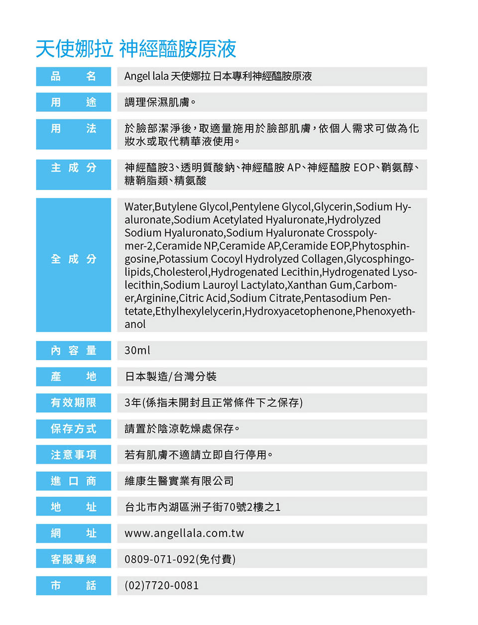 神經醯胺3、透明質酸鈉、神經醯胺AP、神經醯胺EOP、鞘氨醇、