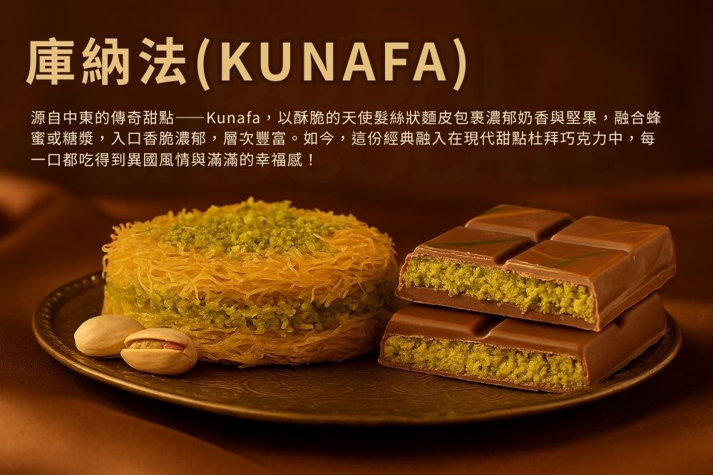 庫納法KUNAFA 源自中東的傳奇甜點Kunafa,以酥脆的天使髮絲狀麵皮包裹濃郁奶香與堅果,融合蜂 蜜或糖漿,入口香脆濃郁,層次豐富。如今,這份經典融入在現代甜點杜拜巧克力中,每 一口都吃得到異國風情與滿滿的幸福感 