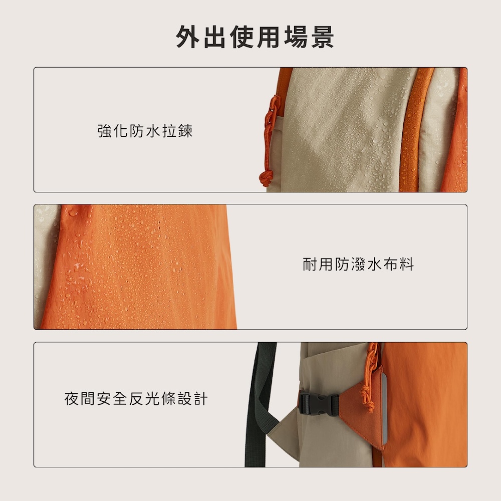 外出使用場景 強化防水拉鍊 夜間安全反光條設計 耐用防潑水布料 