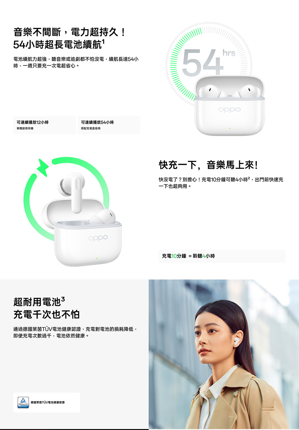 電池續航力超強,聽音樂或追劇都不怕沒電,續航長達54小