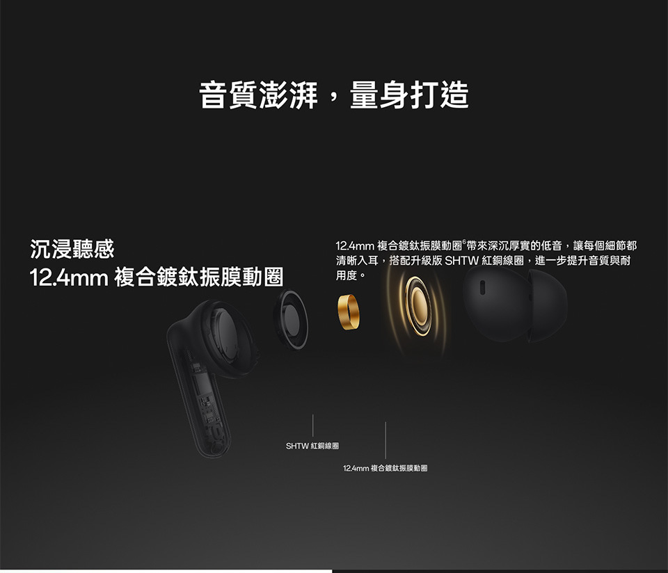 12.4mm 複合鍍鈦振膜動圏帶來深沉厚實的低音,讓每個細節都