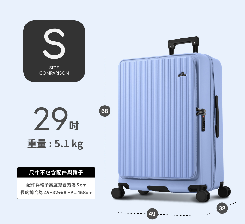 29吋 重量5.1 kg 尺寸不包含配件與輪子 配件與輪子高度總合約為 9cm 長度總合為4932689158cm 