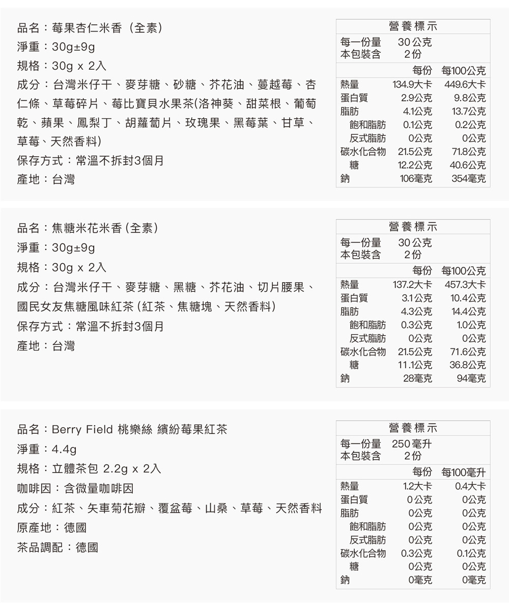 仁條、草莓碎片、莓比寶貝水果茶洛神葵、甜菜根、葡萄