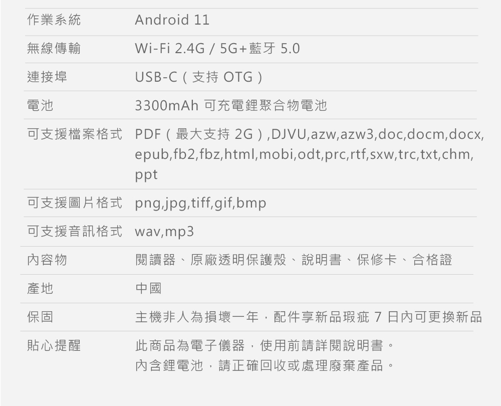 可支援檔案格式 PDF  最大支持2G,DJVU,azw,azw3,doc.docm,docx,