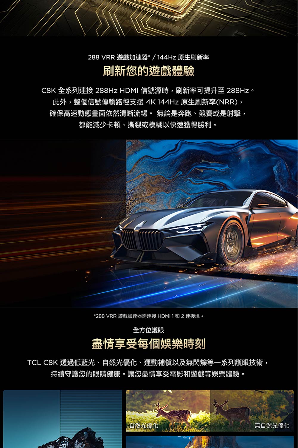 C8K 全系列連接 288Hz HDMI信號源時,刷新率可提升至288Hz。