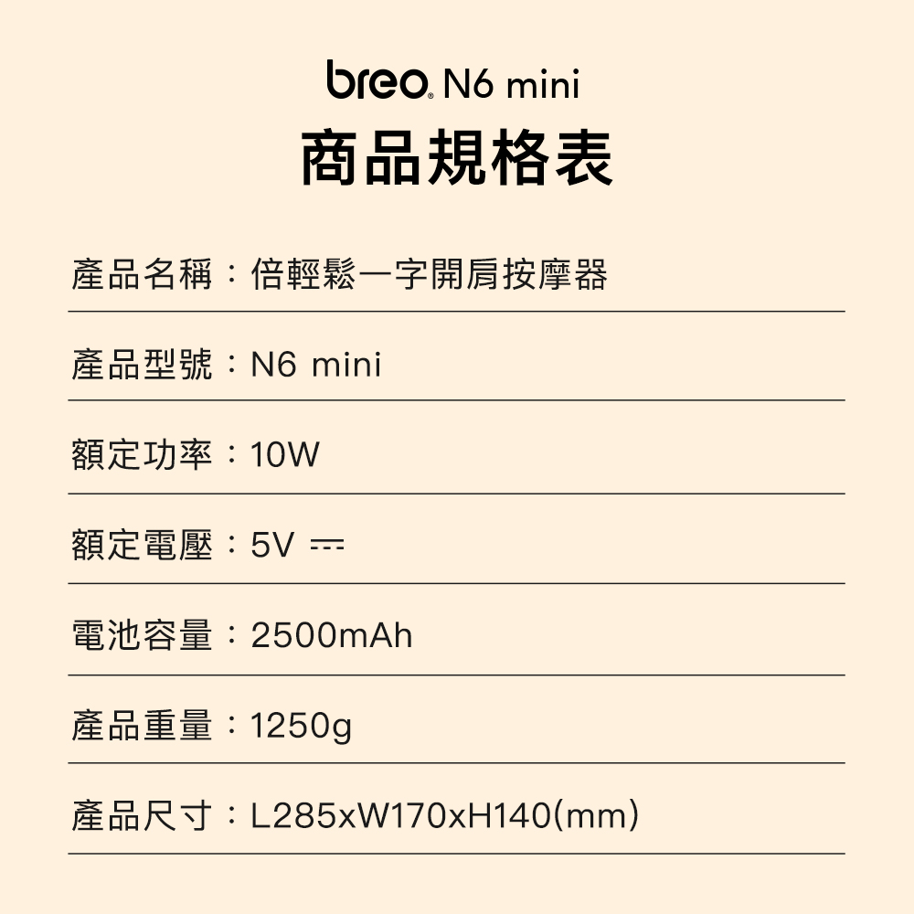 breo  mini商品規格表產品名稱:倍輕鬆一字開肩按摩器產品型號:N6 mini額定功率:10W額定電壓:5V電池容量:2500mAh產品重量:1250g產品尺寸:L285xW170xH140(mm)