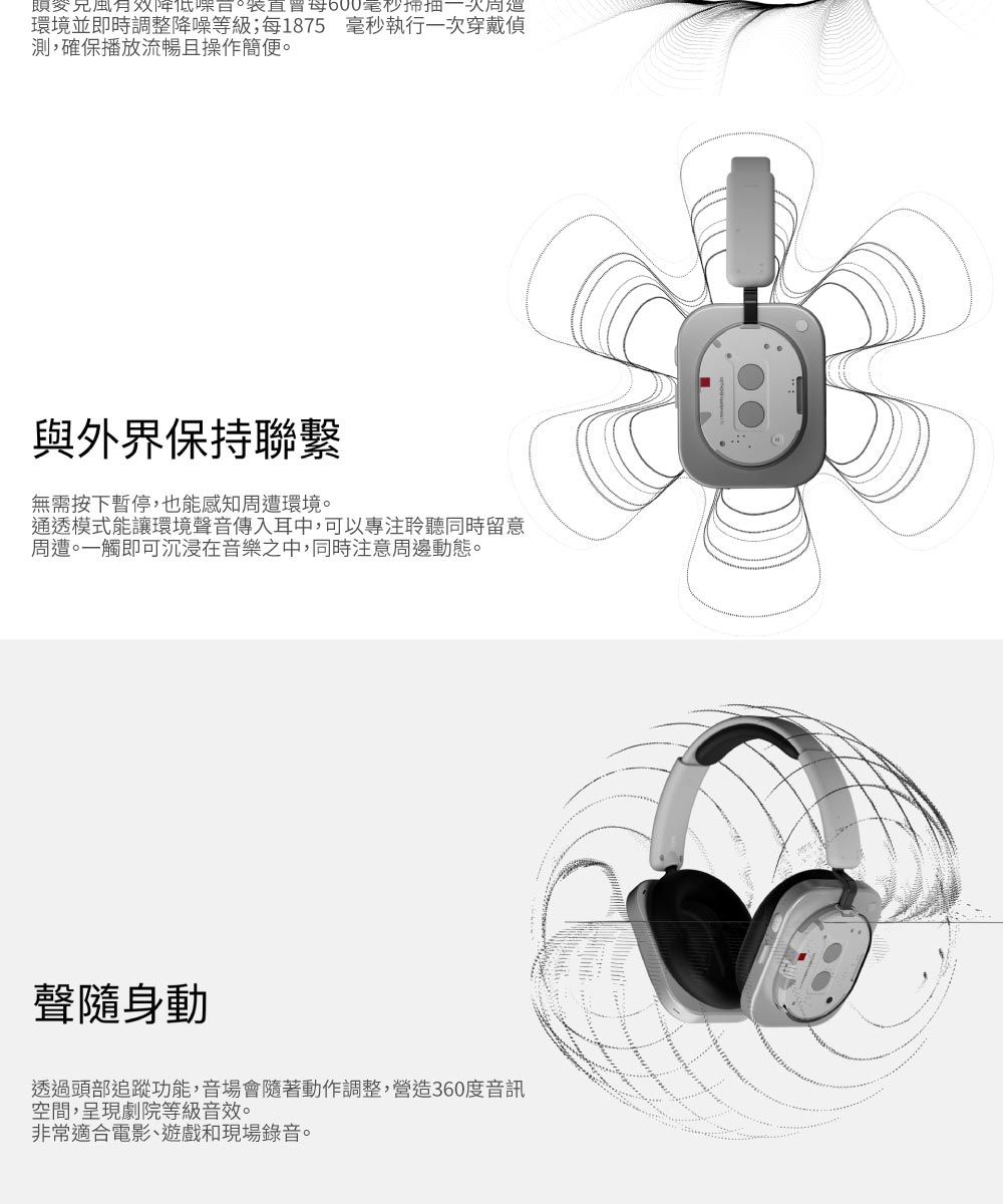 透過頭部追蹤功能,音場會隨著動作調整,營造360度音訊