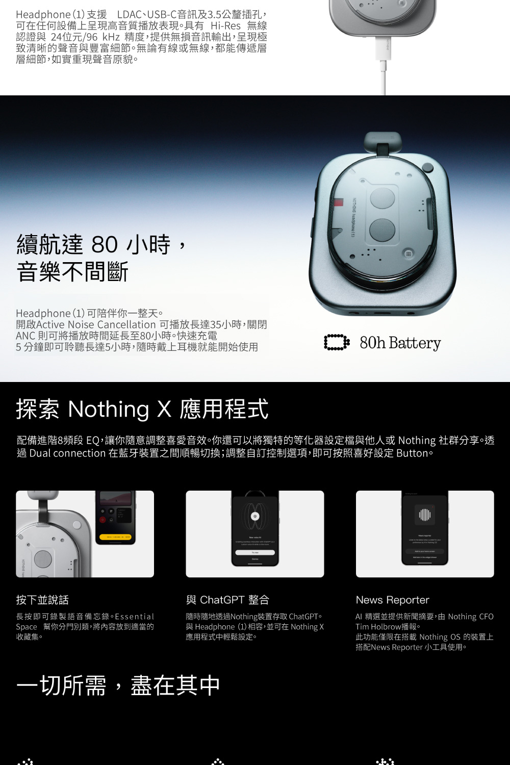 配備進階8頻段EQ,讓你隨意調整喜愛音效。你還可以將獨特的等化器設定檔與他人或 Nothing 社群分享。透
