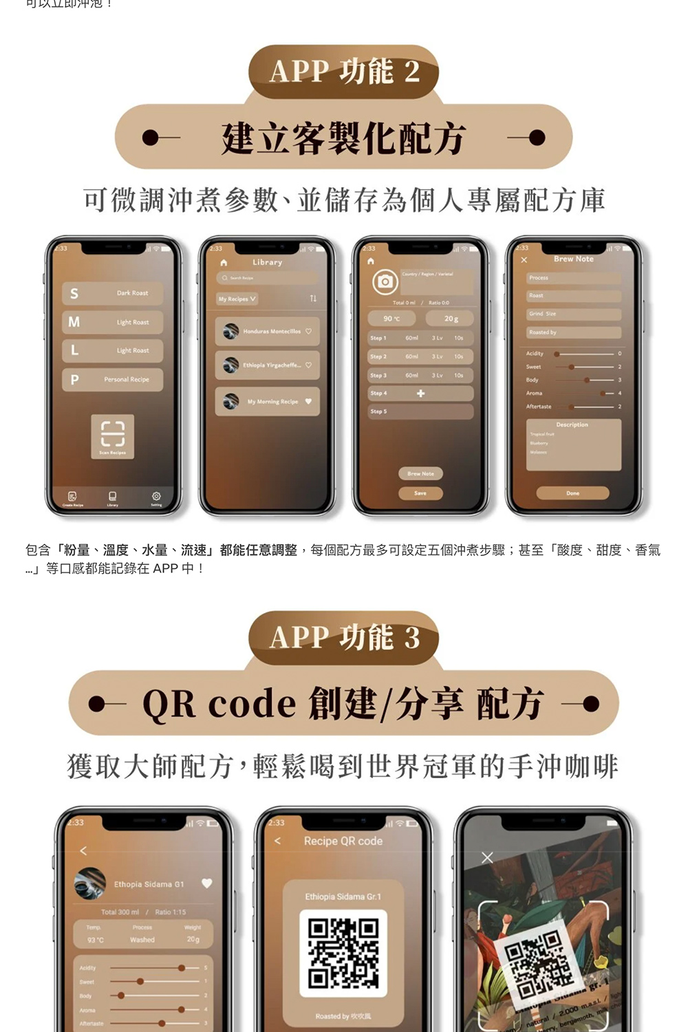 包含粉量、溫度、水量、流速都能任意調整,每個配方最多可設定五個沖煮步驟甚至酸度、甜度、香氣