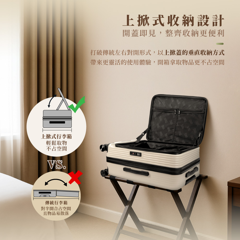 打破傳統左右對開形式,以上掀蓋的垂直收納方式