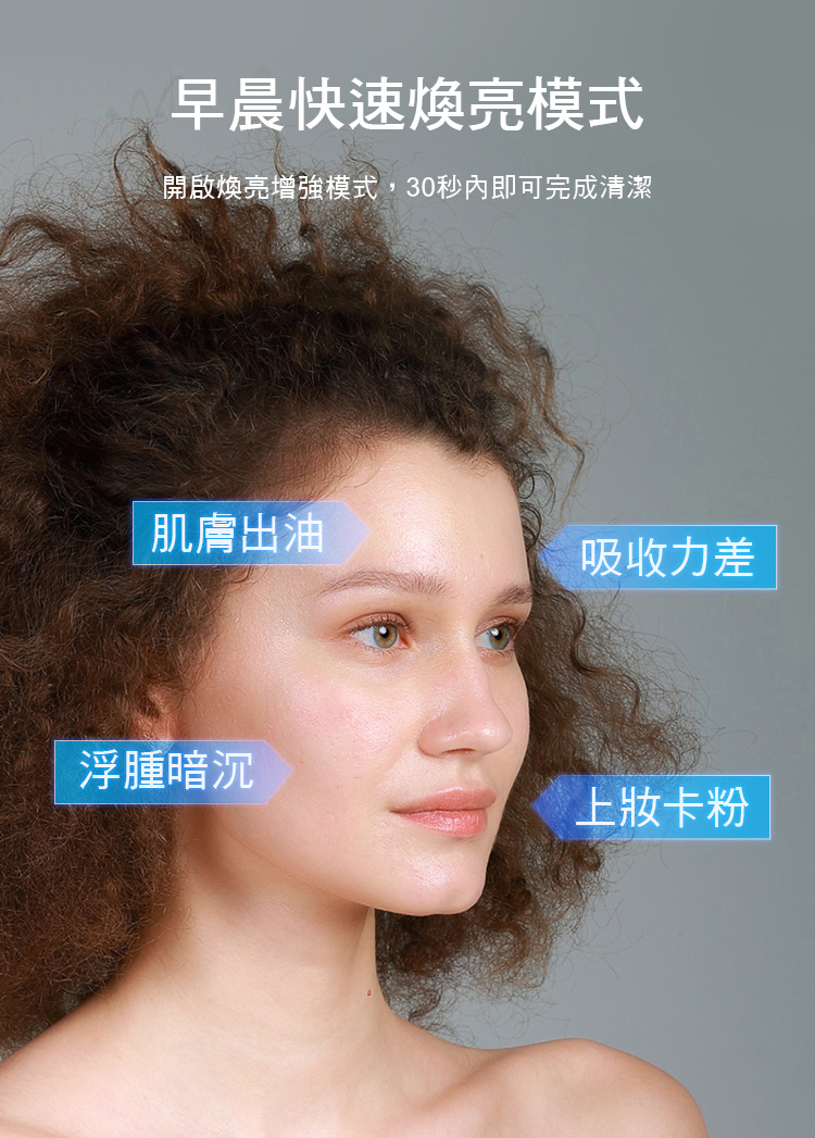 早晨快速煥亮模式開啟煥亮增強模式,30秒內即可完成清潔肌膚出油吸收力差浮腫暗沉上卡粉