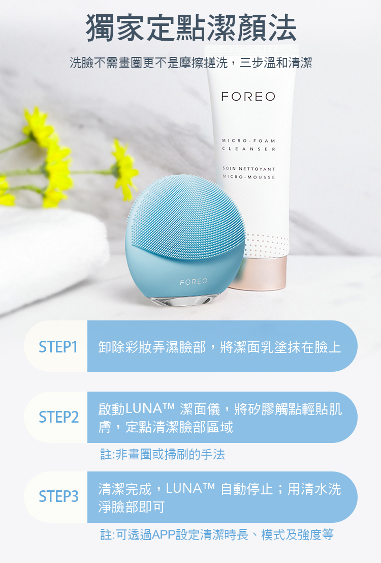 獨家定點潔法洗臉不需畫圈更不是摩擦搓洗,三步溫和清潔FOREOFOREOMICRO FOAMCLEANSERSOIN NETTOYANTMICROMOUSSESTEP1 卸除彩妝弄濕臉部,將潔面乳塗抹在臉上STEP2啟動LUNATM 潔面儀,將矽膠觸點輕貼肌膚,定點清潔臉部區域註:非畫圈或掃刷的手法STEP3清潔完成,LUNATM 自動停止;用清水洗淨臉部即可註:可透過APP設定清潔時長、模式及強度等