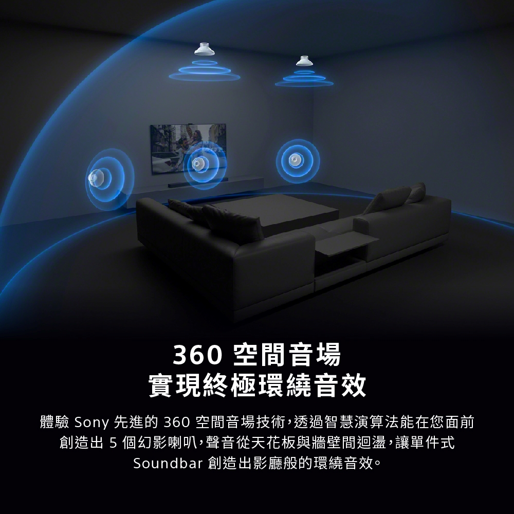 360空間音場實現終極環繞音效體驗 Sony 先進的 360 空間音場技術,透過智慧演算法能在您面前創造出5個幻影喇叭,聲音從天花板與牆壁間迴盪,讓單件式Soundbar 創造出影廳般的環繞音效。