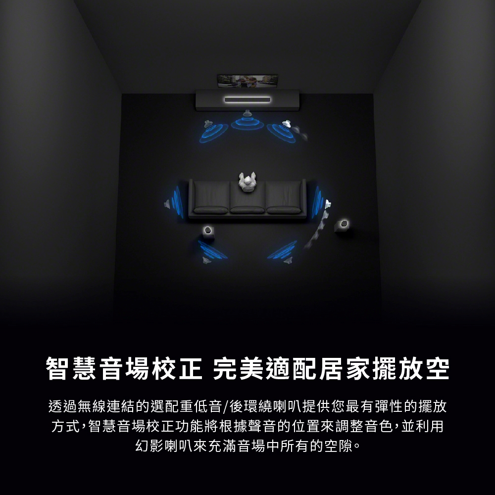智慧音場校正 完美適配居家擺放空透過無線連結的選配重低音/後環繞喇叭提供您最有彈性的擺放方式,智慧音場校正功能將根據聲音的位置來調整音色,並利用幻影喇叭來充滿音場中所有的空隙。