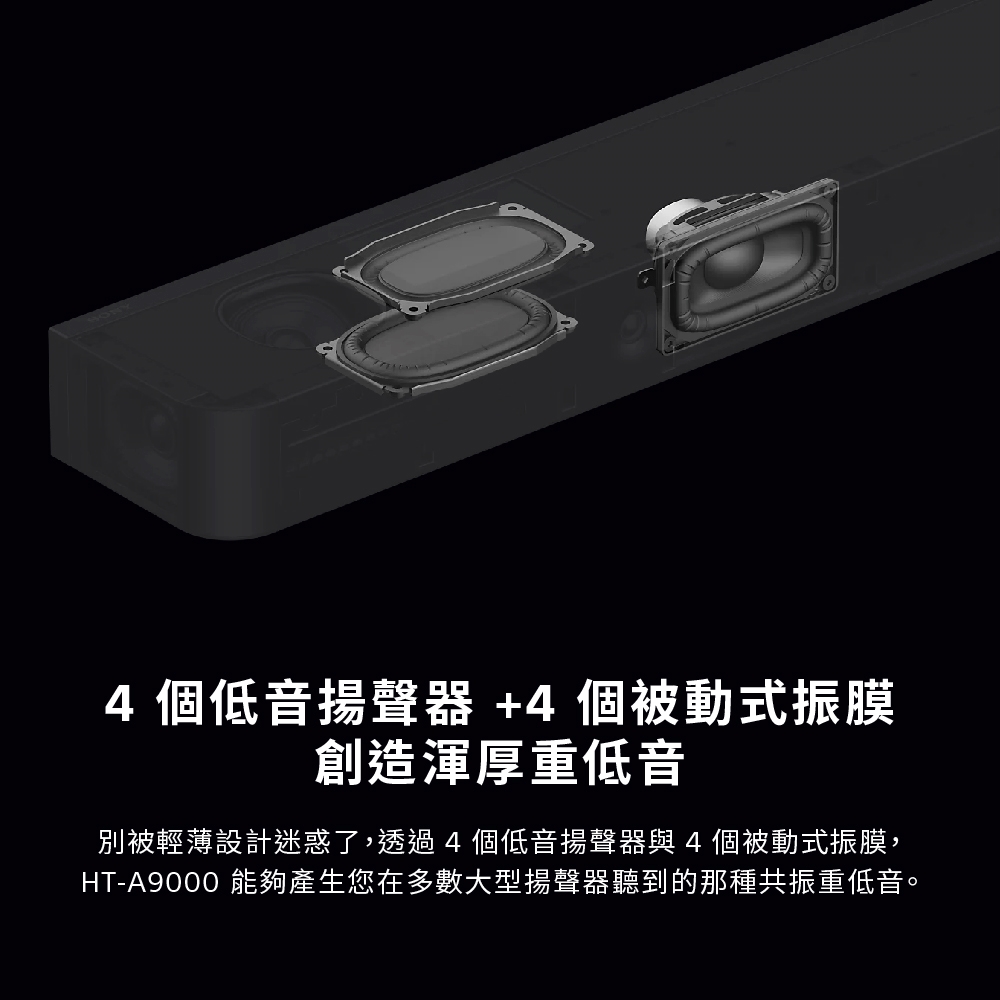 4個低音揚聲器+4個被動式振膜創造渾厚重低音別被輕薄設計迷惑了,透過4個低音揚聲器與4個被動式振膜,HT-A9000 能夠產生您在多數大型揚聲器聽到的那種共振重低音。