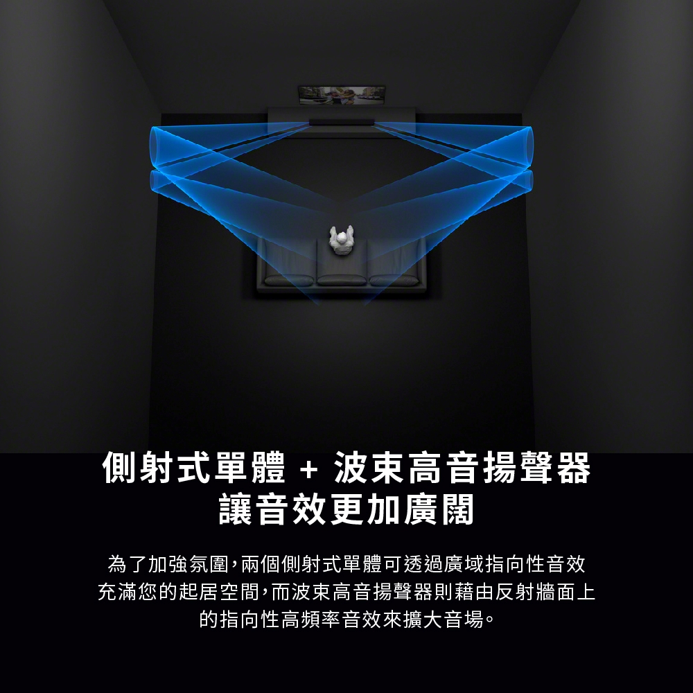 側射式單體+高音揚聲器讓音效更加廣闊為了加強氛圍,兩個側射式單體可透過廣域指向性音效充滿您的起居空間,而波束高音揚聲器則藉由反射牆面上的指向性高頻率音效來擴大音場。