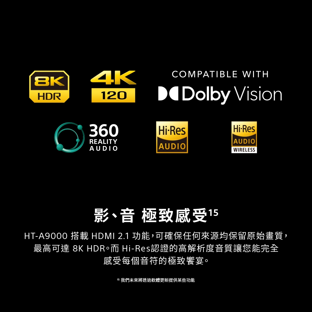 HDR4K120COMPATIBLE WITHDolby Vision360HiResHiResREALITYAUDIOAUDIOAUDIOWIRELESS影、音 極致感受 15HT-A9000 搭載 HDMI 2.1 功能,可確保任何來源均保留原始畫質,最高可達 8K HDR Hi-Res認證的高解析度音質讓您能完全感受每個音符的極致饗宴。15 我們未來將透過軟體更新提供某些功能