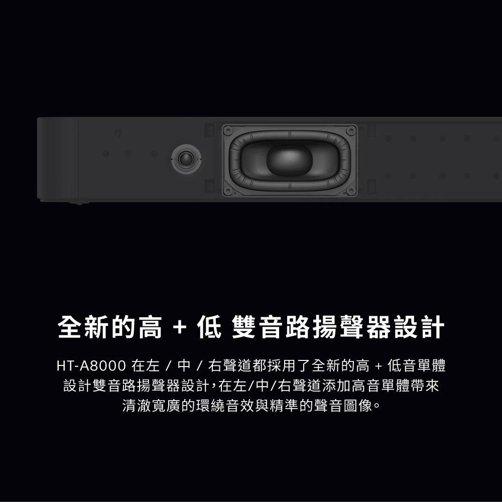 全新的高低雙音路揚聲器設計 HTA8000 在左  中  右聲道都採用了全新的高低音單體 設計雙音路揚聲器設計,在左中右聲道添加高音單體帶來 清澈寬廣的環繞音效與精準的聲音圖像。 