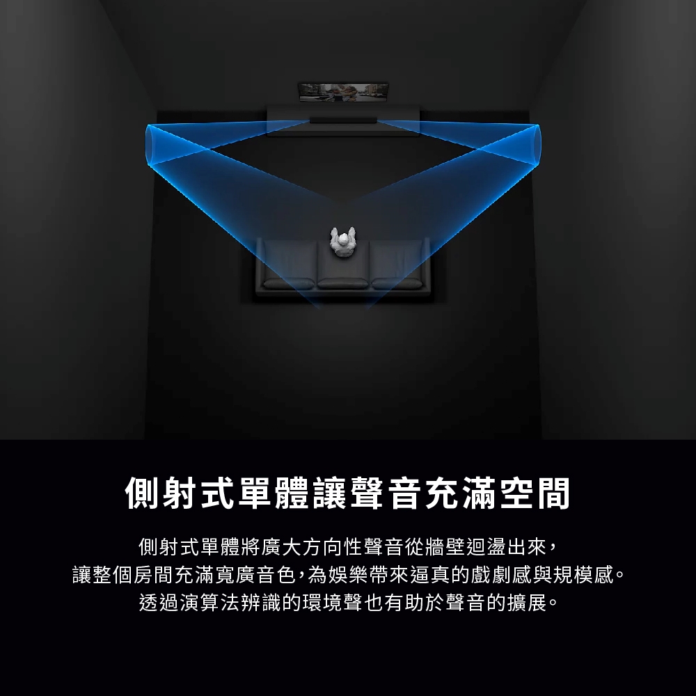 側射式單體讓聲音充滿空間 側射式單體將廣大方向性聲音從牆壁迴盪出來, 讓整個房間充滿寬廣音色,為娛樂帶來逼真的戲劇感與規模感。 透過演算法辨識的環境聲也有助於聲音的擴展。 