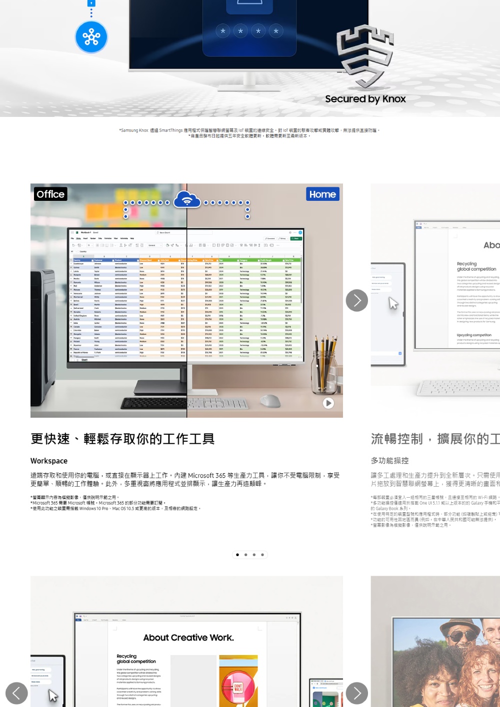 OfficeSecured by KnoxSasung Knox  Smarthings 保聯網   攻擊無法提供直接發布提供五年版本Tm更快速、輕鬆存取你工作工具Workspace15Home遠端存取使用你電腦直接在器上工作 Microsoft 365 等生產力工具,讓你不受電腦限制,享受更簡單、順暢工作體驗外,多重視窗將應用程式並排顯示,讓生產力再造顛峰。*顯示內容,僅供說明示範用。*Microsoft 365 需要 Microsoft 帳號。Microsoft 365 的部分需要訂。*使用此之 Windows 10 Pro、Mac  10.5 或的版本,及相容的網路。ut Creative Work.Recyclingglobal competitionCONTRecyclingAboglobal competition 流暢制,擴展你的工多功能操控讓多工處理和生產力提升到全新層次。只需使用片放到智慧聯網螢上,獲得更清晰的和*部登入一的三帳號,且連接至相同的 Wi-Fi 網路。*多功能控僅適用於 One  5.1.1 或以上版本的的 Galaxy 手機和平的 Galaxy Book 。*在使用特定的和應用程式,部分功能(如複製或拖*功能的可用性因地區而異 (例如,在中華人民共和國可能無法提供)。*幕影像為模擬影像,僅供說明示範之用。