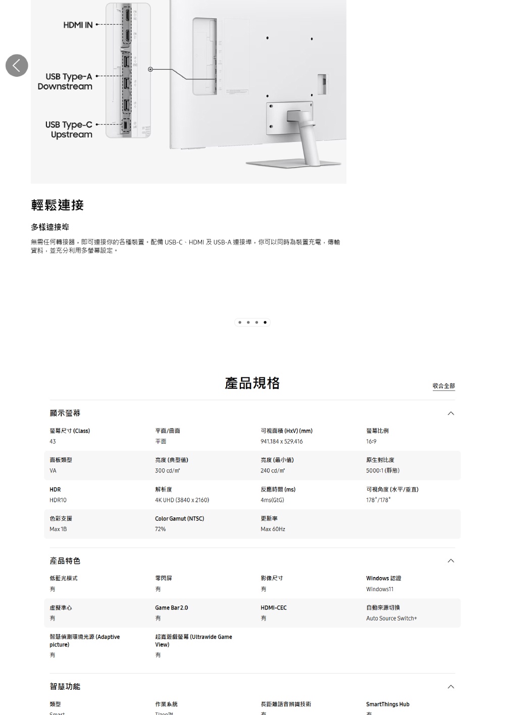 HDMI IN Type-ADownstreamUSB Type-Upstream輕鬆連接多樣連接埠無需任何轉接器即可連接你的各種裝置,配備 USB-C、HDMI 及USB-A 連接埠,你可以同時為裝置充電,傳輸資料,並充分利用多設定。產品規格收合全部顯示螢幕螢幕尺寸 Class)平面曲面43平面可視面積 (HV) (mm)941.184 x 529.416螢幕比例169面板類型(典型值)(最小值)VAHDRHDR10色彩支援Max 1B300 cd/m解析度4K UHD (3840 x 2160)Color Gamut (NTSC)72%240 cd/m反應時間 (ms)4ms(GtG)更新率Max 60Hz原生對比度5000:1(靜態)可視角度(水平/垂直)178/178產品特色低藍光模式閃屏影像尺寸虛擬準心Game Bar2.0HDMI-CEC有智慧環境光源 (Adaptivepicture)遊戲螢幕 (Ultrawide GameView)有有智慧功能類型Windows 認證Windows11自動來源切換Auto Source SwitchSmartThings Hub作業系統長距離語音辨識技術