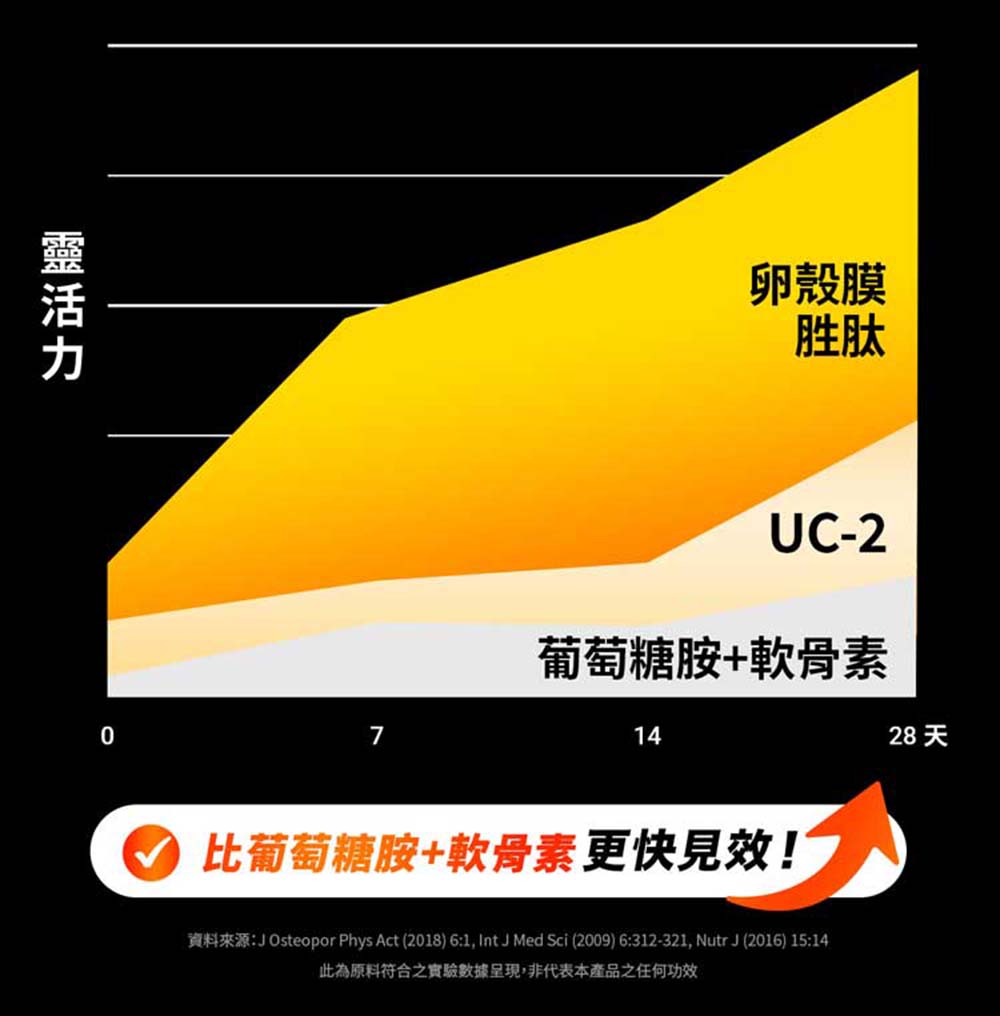 07卵殼膜胜肽UC-2葡萄糖胺+軟骨素14比葡萄糖胺+軟骨素更快見效!資料來源: Osteopor Phys Act (2018) 6:1, Int J Med Sci (2009) 6:312-321, Nutr J (2016) 15:14此為原料符合之實驗數據呈現,非代表本產品之任何功效28天