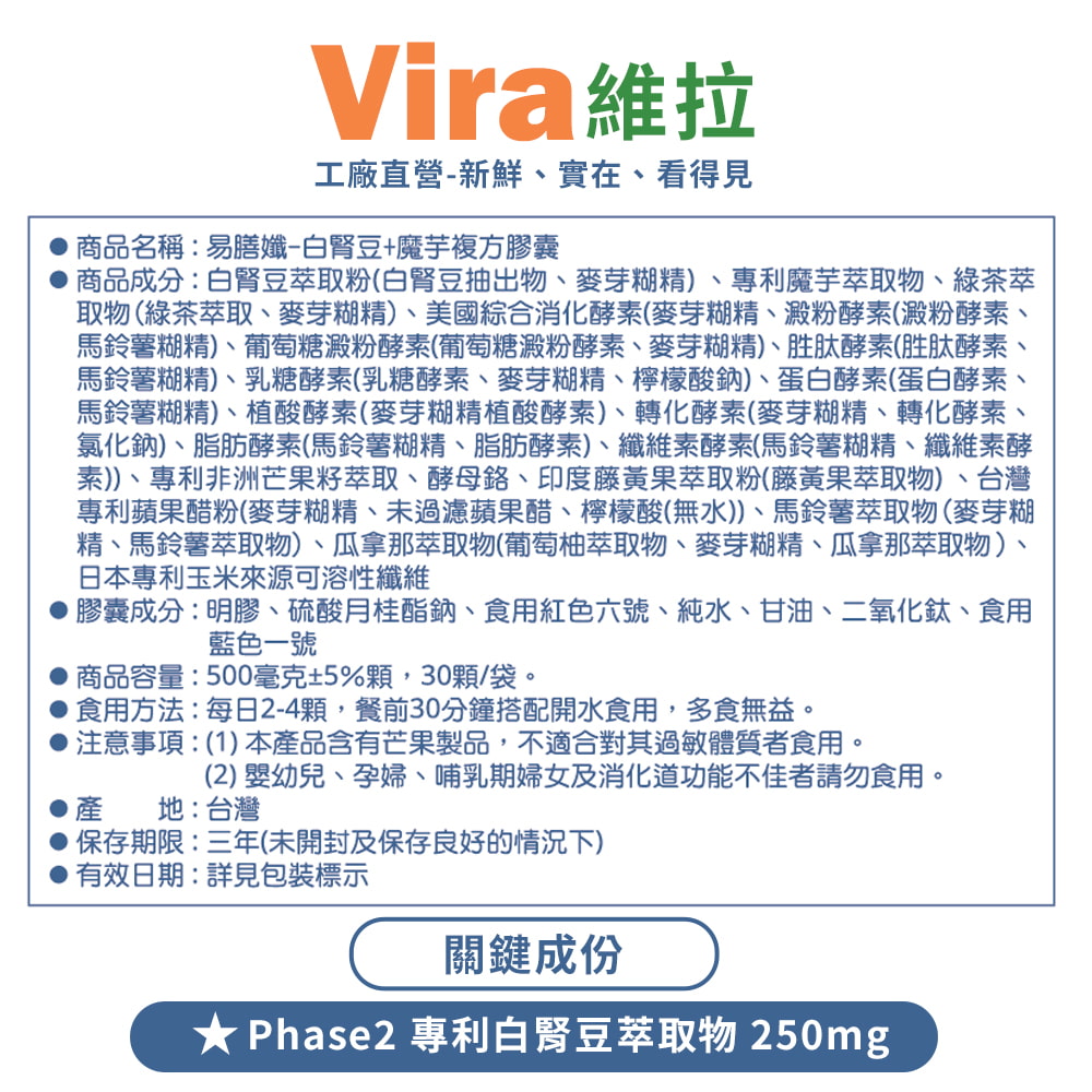 Vira維拉工廠直營-新鮮、實在、看得見商品名稱:易膳孅-白腎豆+魔芋複方膠囊商品成分:白腎豆萃取粉(白腎豆抽出物、麥芽糊精)、專利魔芋萃取物、綠茶萃取物(綠茶萃取、麥芽糊精)、美國綜合消化酵素(麥芽糊精、澱粉酵素(澱粉酵素、馬鈴薯糊精)、葡萄糖澱粉酵素(葡萄糖澱粉酵素、麥芽糊精)、胜肽酵素(胜肽酵素、馬鈴薯糊精)、乳糖酵素(乳糖酵素、麥芽糊精、檸檬酸鈉)、蛋白酵素(蛋白酵素、馬鈴薯糊精)、植酸酵素(麥芽糊精植酸酵素)、轉化酵素(麥芽糊精、轉化酵素、氯化鈉)、脂肪酵素(馬鈴薯糊精、脂肪酵素)、纖維素酵素(馬鈴薯糊精、纖維素酵素))、專利非洲芒果籽萃取、酵母、印度藤黃果萃取粉(藤黃果萃取物)、台灣專利蘋果醋粉(麥芽糊精、未過濾蘋果醋、檸檬酸(無水))、馬鈴薯萃取物(麥芽糊精、馬鈴薯萃取物)、瓜拿那萃取物(葡萄柚萃取物、麥芽糊精、瓜拿那萃取物)、日本專利玉米來源可溶性纖維膠囊成分:明膠、硫酸月桂酯鈉、食用紅色六號、純水、甘油、二氧化鈦、食用藍色一號商品容量:500毫克±5%顆,30顆/袋。食用方法:每日2-4顆,餐前30分鐘搭配開水食用,多食無益。注意事項:(1)本產品含有芒果製品,不適合其過敏體質者食用。產(2) 嬰幼兒、孕婦、哺乳期婦女及消化道功能不佳者請勿食用。地:台灣保存期限:三年(未開封及保存良好的情況下)有效日期:詳見包裝標示關鍵成份 Phase2 專利白腎豆萃取物 250mg