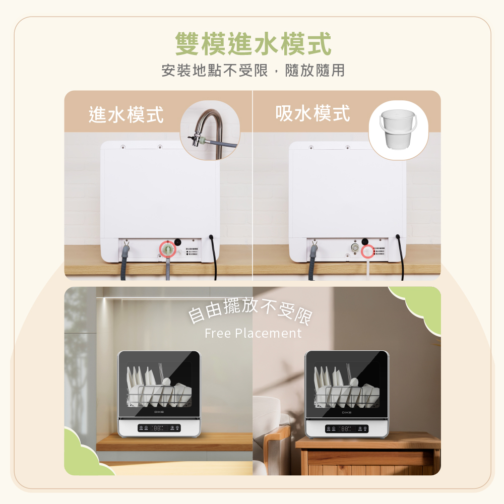 進水模式 雙模進水模式 安裝地點不受限,隨放隨用 吸水模式 自由擺放不受限 