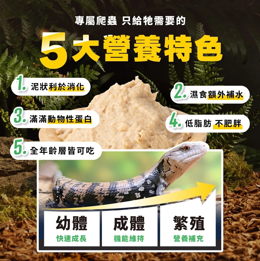專屬爬蟲 只給牠需要的5大營養特色泥狀利於消化濕食額外補水3滿滿動物性蛋白年齡層皆可吃4 低脂肪 不肥胖幼體成體繁殖快速成長機能維持營養補充