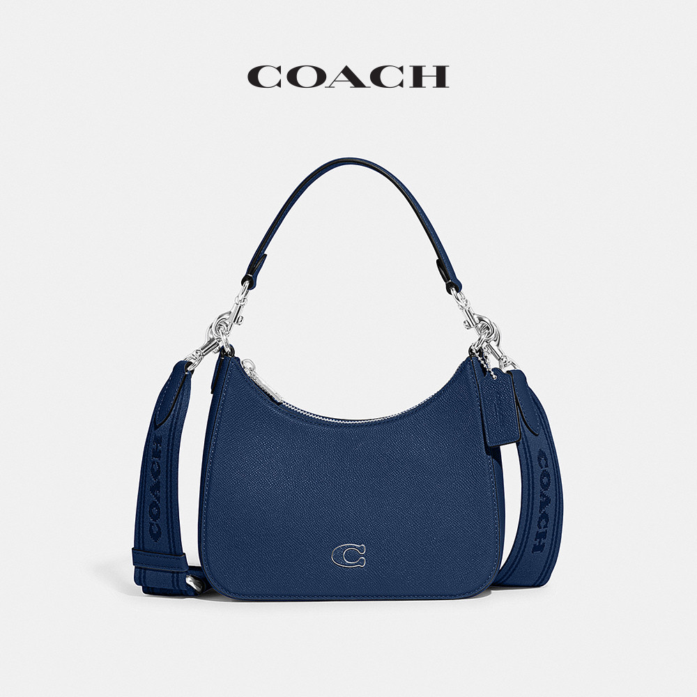 COACH】蔻馳官方直營HOBO 經典SIGNATURE 帆布斜背手袋斜背包-深藍色