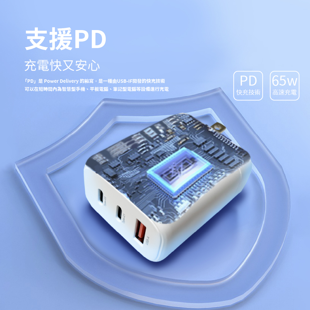 支援PD 充電快又安心 PD是 Power Delivery 的縮寫,是一種由USBIF開發的快充技術 可以在短時間內為智慧型手機、平板電腦、筆記型電腦等設備進行充電 快充技術 高速充電