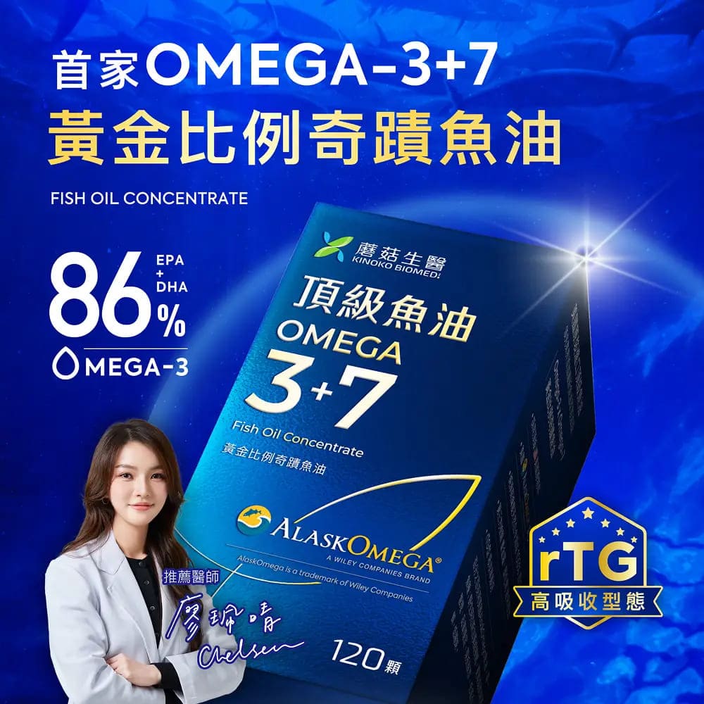 首家OMEGA-3+7黃金比例奇蹟魚油FISH OIL CONCENTRATEEPAHA86%OMEGA-3 生醫KINOKO BIOMED頂級魚油OMEGA3+7Fish Oil Concentrate黃金比例奇蹟魚油推薦醫師ALASKOMEGAⓇA WILEY COMPANIES BRANDAlaskOmega is a trademark of Wiley CompaniesD120rTG高吸收型態
