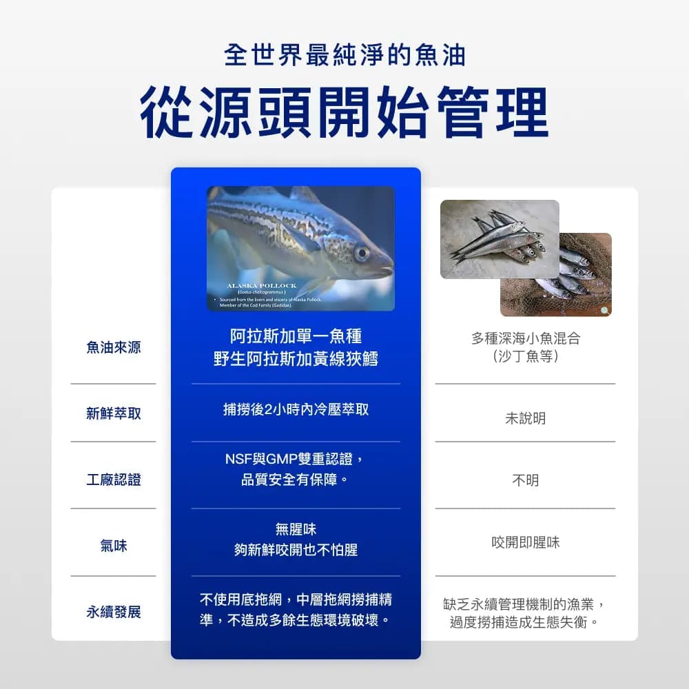 全世界最純淨的魚油從源頭開始管理ALASKA POLLOCK  from the  and viscera   Member of the Cod  (魚油來源阿拉斯加單一魚種野生阿拉斯加黃線狹鱈新鮮萃取捕撈後2小時內冷壓萃取工廠認證氣味多種深海小魚混合(沙丁魚等)NSF與GMP雙重認證,品質安全有保障。未說明不明無腥味夠新鮮咬開也不怕腥永續發展不使用底拖網,中層拖網撈捕精準,不造成多餘生態環境破壞。咬開即腥味缺乏永續管理機制的漁業,過度撈捕造成生態失衡。