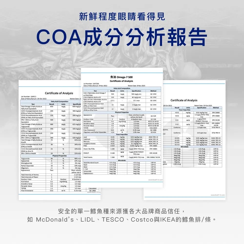 新鮮程度眼睛看得見A成分分析報告 eriicate  Analis          Certificate  Analysis             of      Oea       C      s     Certificate of Analysis       0       y      0         50  C  0   t     00            m                   322   O9   2       EPA  as  min      7    2 f 30    00   0% 20  %  of 1  of 3 3  01 1%     //USP 2//USP /g/ тоток11Free 10 %-安全的單一鱈魚種來源獲各大品牌商品信任,McDonalds LIDL TESCO Costco IKEA