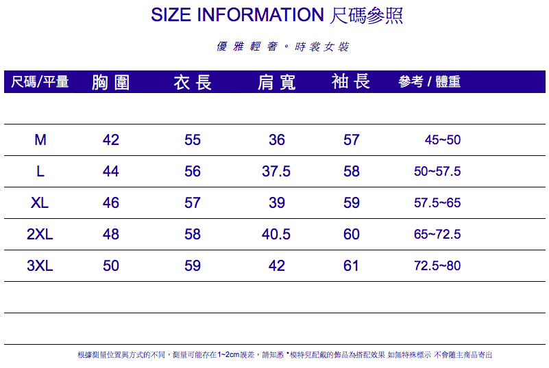 SIZE INFORMATION 尺碼參照優雅輕。時裳女裝尺碼/平量 胸圍衣長肩寬袖長參考/體重M4255365745-50L445637.55850-57.5XL4657395957.5-652XL485840.56065-72.53XL5059426172.5-80根據測量位置與方式的不同,測量可能存在1~2cm誤差,請知悉*配戴的飾品為搭配效果 如無特殊標示 不會隨主商品寄出