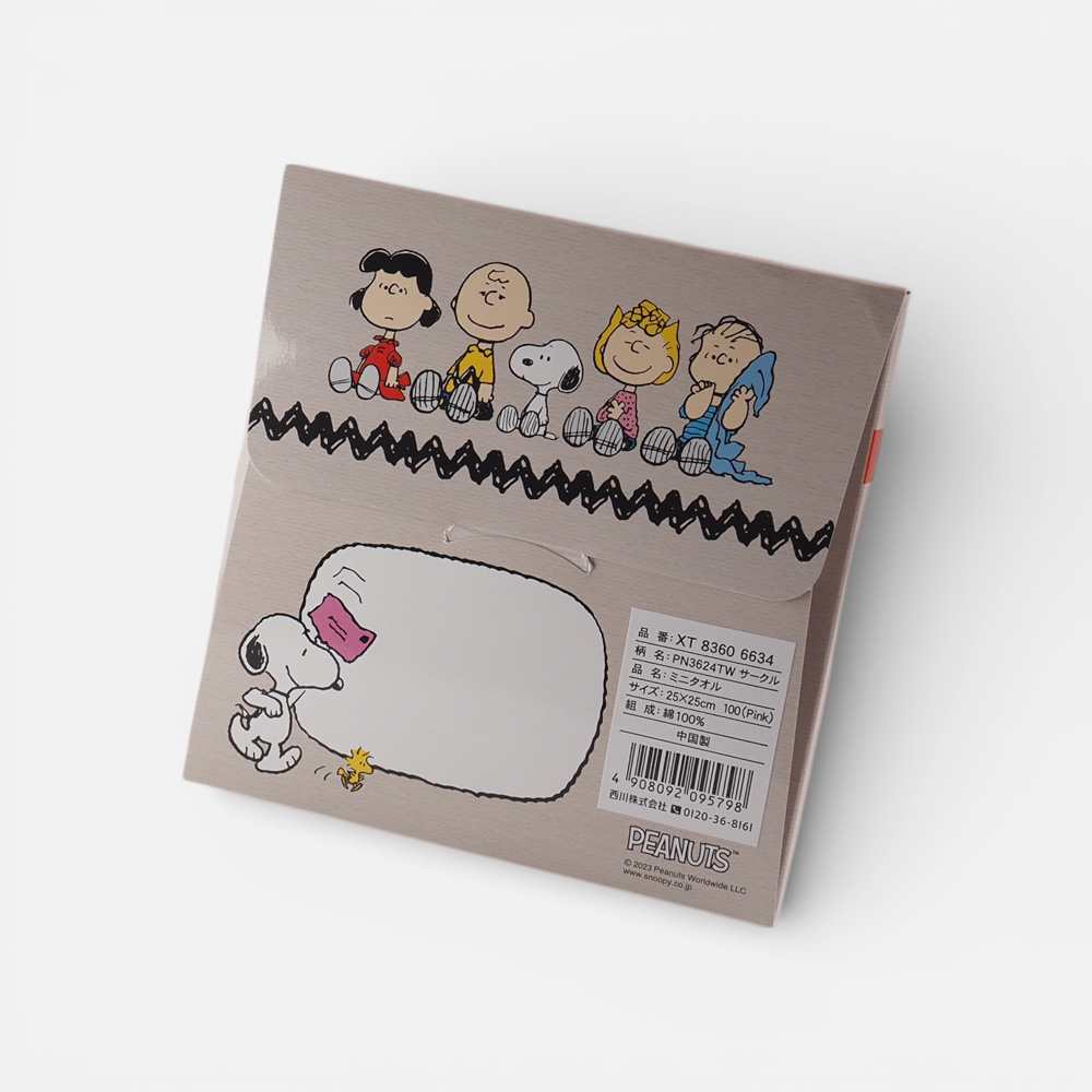 XT 8360 6634PN3624TW品名ミニタオル 25X25cm 100(Pink)組成:100%中国製4908092 095798西川株式会社 0120-36-8161PEANUTS2023 Peanuts Worldwide LLCwww.snoopy.co.jp