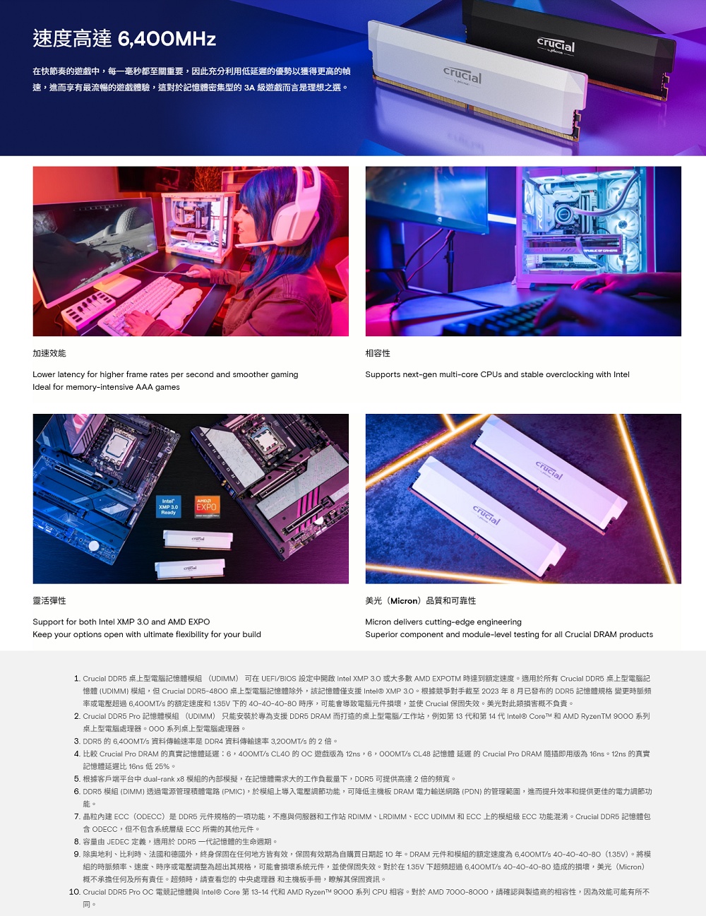 速度高達6400MHz在快節奏的遊戲中,每一秒都至關重要,因此充分利用低的優勢以獲得更高的速,進而享有最流暢的遊戲體驗,這對於記憶體密集型的 3A 遊戲而言是理想之選。crucialcrucialSupports next-gen multi-core  and stable overclocking with 加速效能相容性Lower latency for higher frame rates per second and smoother gamingIdeal for memory-intensive AAA gamesIntelXMP EXPOReady靈活彈性Support for both Intel XMP  and AMD EXPOKeep your options open with ultimate flexibility for your buildcrucialcrucial美光(Micron品質和可靠性Micron delivers cutting-edge engineeringSuperior component and module-level testing for all Crucial DRAM products1. Crucial DDR5 桌上型電腦記憶體模組 (UDIMM) 可在 UEFI/BIOS 設定中 Intel 或大多數AMD EXPOTM 達到速度。適用於所有 Crucial DDR5 桌上型電腦記憶體 (UDIMM) 模組, Crucial DDR5-4800 桌上型電腦記憶體除外,該記憶體僅支援 Intel® XMP 。根據競爭對手截至 2023年8月已發布的DDR5 記憶體規格 變更時脈率或電壓超過 /s 的额定速度和 1.35V 下的40-40-40-80 時序,可能會導致電腦元件損壞,並使 Crucial 保固失效。美光對此類損害概不負責。2. Crucial DDR5 Pro 記憶體模組 (UDIMM) 只能安裝於專為支援DDR5 DRAM 而打造的桌上型電腦/工作站,例如第13和第  代Intel® Core™ 和AMD RyzenTM  系列桌上型電腦處理器系列桌上型電腦處理器。3. DDR5 的 /s 資料傳輸速率是 DDR4 資料傳輸速率 /s 的 2 倍。4. 比較 Crucial Pro DRAM 的真實記憶體:6,400MT/s CL40 的  遊戲為 ,/s CL48 記憶體 延遲 的 Crucial Pro DRAM 插即用版為 。 12ns 的真實記憶體延遲比 16ns 低 25%。5. 根據客戶端平台中 dual-rank x8 模組的內部模擬,在記憶體需求大的工作負載量下,DDR5 可提供高達2倍的頻寬。6. DDR5 模組 (DIMM) 透過電源管理積體電路(PMIC),於模組上導入電壓調節功能,可降低主機板 DRAM 電力輸送網路 (PDN) 的管理範圍,進而提升效率和提供更佳的電力調節功能。7. 晶粒 ECC(ODECC)是DDR5 元件規格的一項功能,不應與伺服器和工作站 RDIMM、LRDIMM、ECC UDIMM 和 ECC 上的模組級 ECC 功能混淆。Crucial DDR5 記憶體包含ODECC,但不包含系統層級 ECC 所需的其他元件。 由 JEDEC 定義,適用於 DDR5 記憶體的生命週期。9. 除奥地利、比利時、法國和德國外,終身保固在任何地方皆有效,保固有效期為自購買日期起10年。DRAM 元件和模組的额定速度為/s 40-40-40-80 (1.35V)。將模組的時脈頻率、速度、時序或電壓調整為超出其規格,可能會損壞系統元件,並使保固失效。對於在1.35V下超過6,400MT/s 40-40-40-80 造成的損壞,美光(Micron)概不承擔任何及所有責任。超頻時,請查看您的中央處理器 和主機板手冊,瞭解其保固資訊。10. Crucial DDR5 Pro OC 電競記憶體與 Intel® Core 第 13-14 代和 AMD Ryzen™ 9000 系列 CPU 相容。對於 AMD 7000-8000,請確認與製造商的相容性,因為效能可能有所不同。