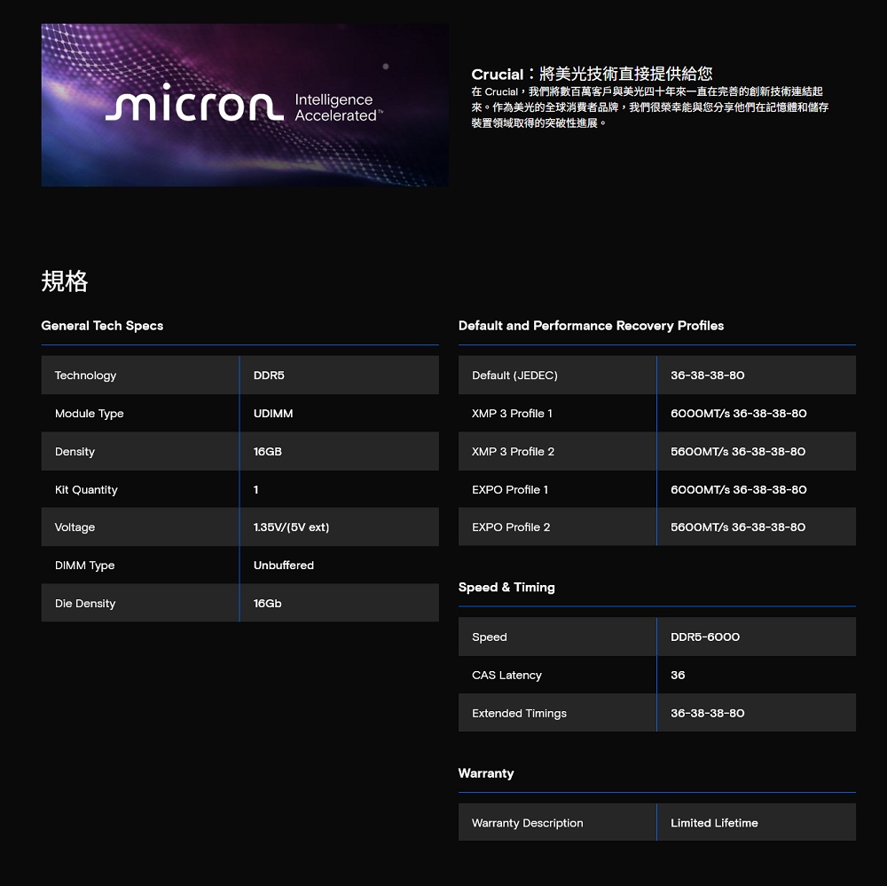 Crucial將美光技術直接提供給您micronIntelligenceAccelerated在 Crucial,我們將數百萬客戶與美光四十年來一直在完善的創新技術連結起來。作為美光的全球消費者品牌,我們很榮幸能與您分享他們在記憶體和儲存裝置領域取得的突破性進展。規格General Tech SpecDefault and Performance Recovery ProfileTechnologyDDR5Default (JEDEC)36-38-38-80Module TypeUDIMMXMP 3 Profile 16000MT/ 36-38-38-80Density16GB QuantityXMP 3 Profile 25600MT/s 36-38-38-80EXPO Profile 16000MT/s 36-38-38-801.35V/(5V ext)EXPO Profile 25600MT/s 36-38-38-80VoltageDIMM TypeUnbufferedDie Density16GbSpeed & TimingSpeedCAS LatencyExtended TimingsWarrantyDDR5-60003636-38-38-80Warranty DescriptionLimited Lifetime