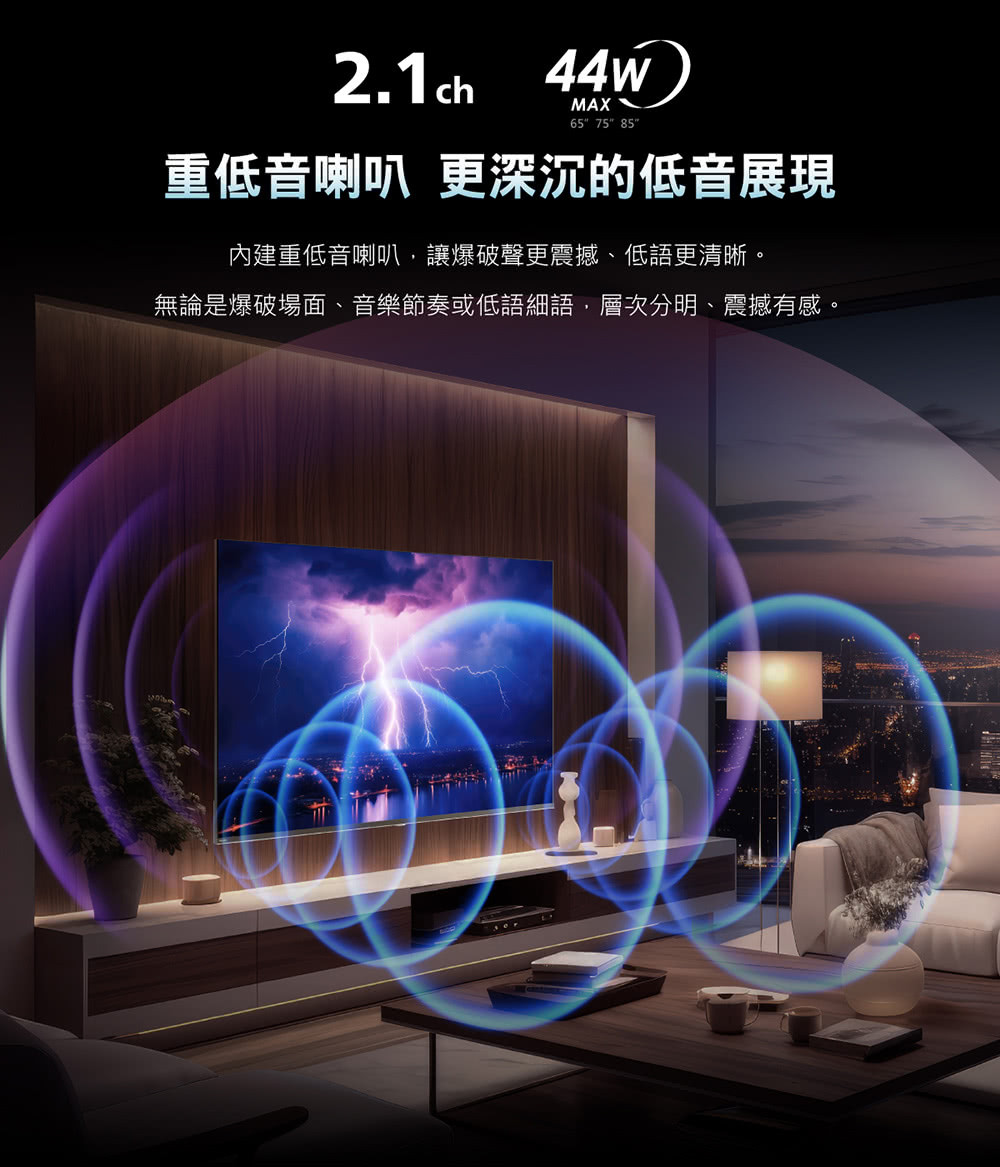2.1ch44WMAX65 75 85重低音喇叭 更深沉的低音展現內建重低音喇叭,讓爆破聲更震撼、低語更清晰。無論是爆破場面、音樂節奏或低語細語,層次分明、震撼有感。