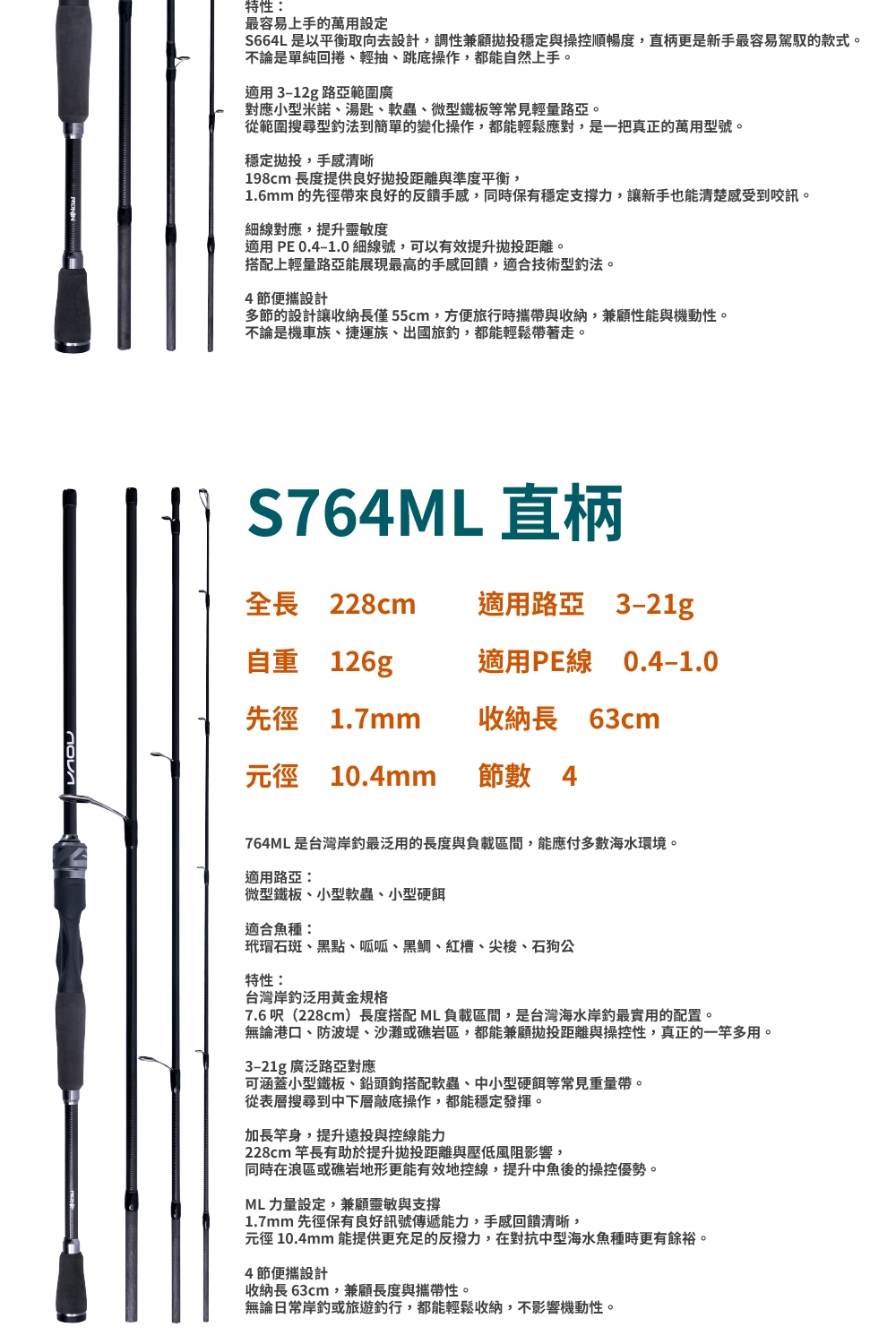RONIN 獵漁人】NOVA 新星系列S664L 直柄多節路亞竿淡海水泛用旅行路亞