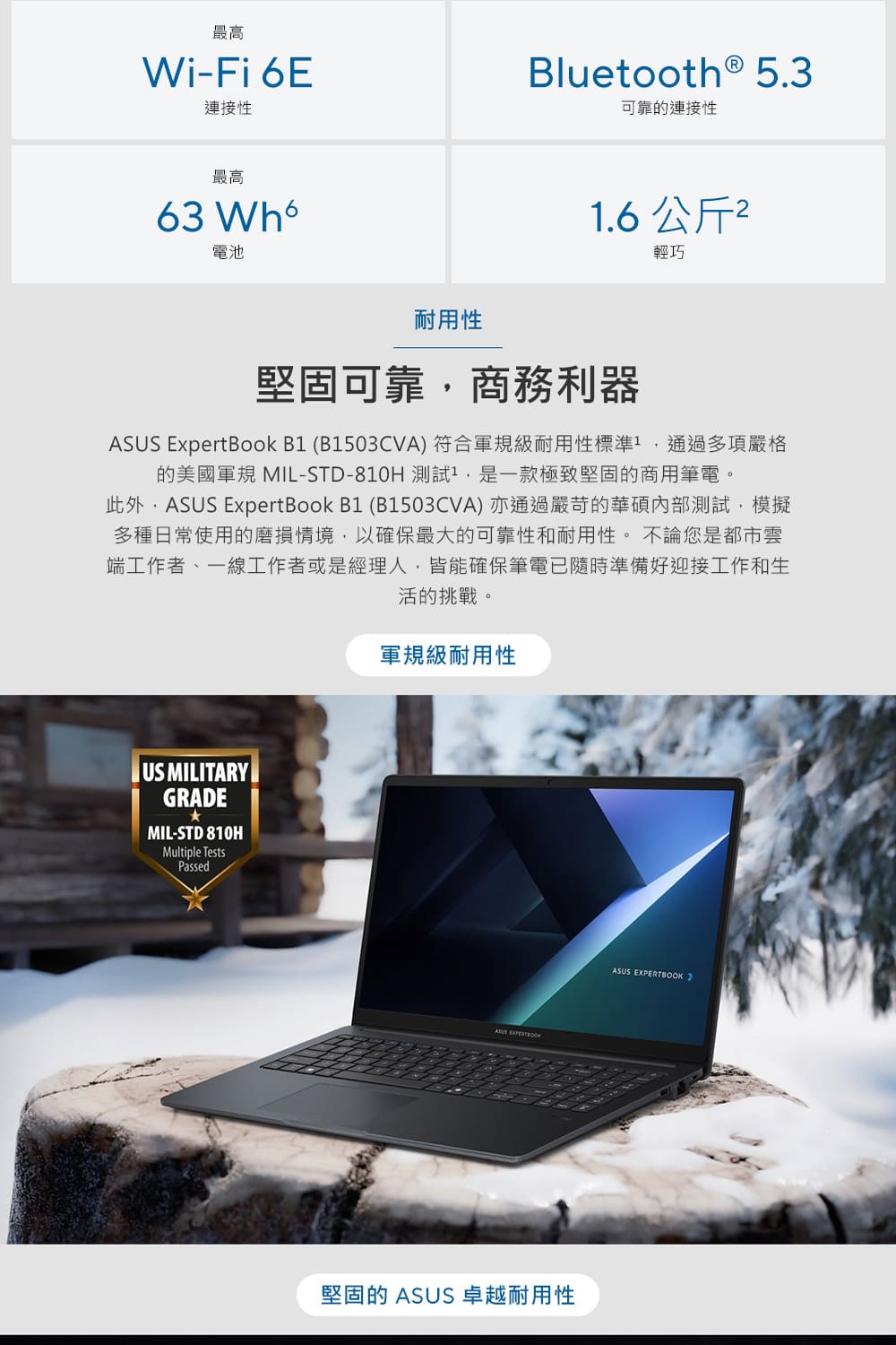 此外,ASUS ExpertBook B1 B1503CVA 亦通過嚴苛的華碩內部測試,模擬