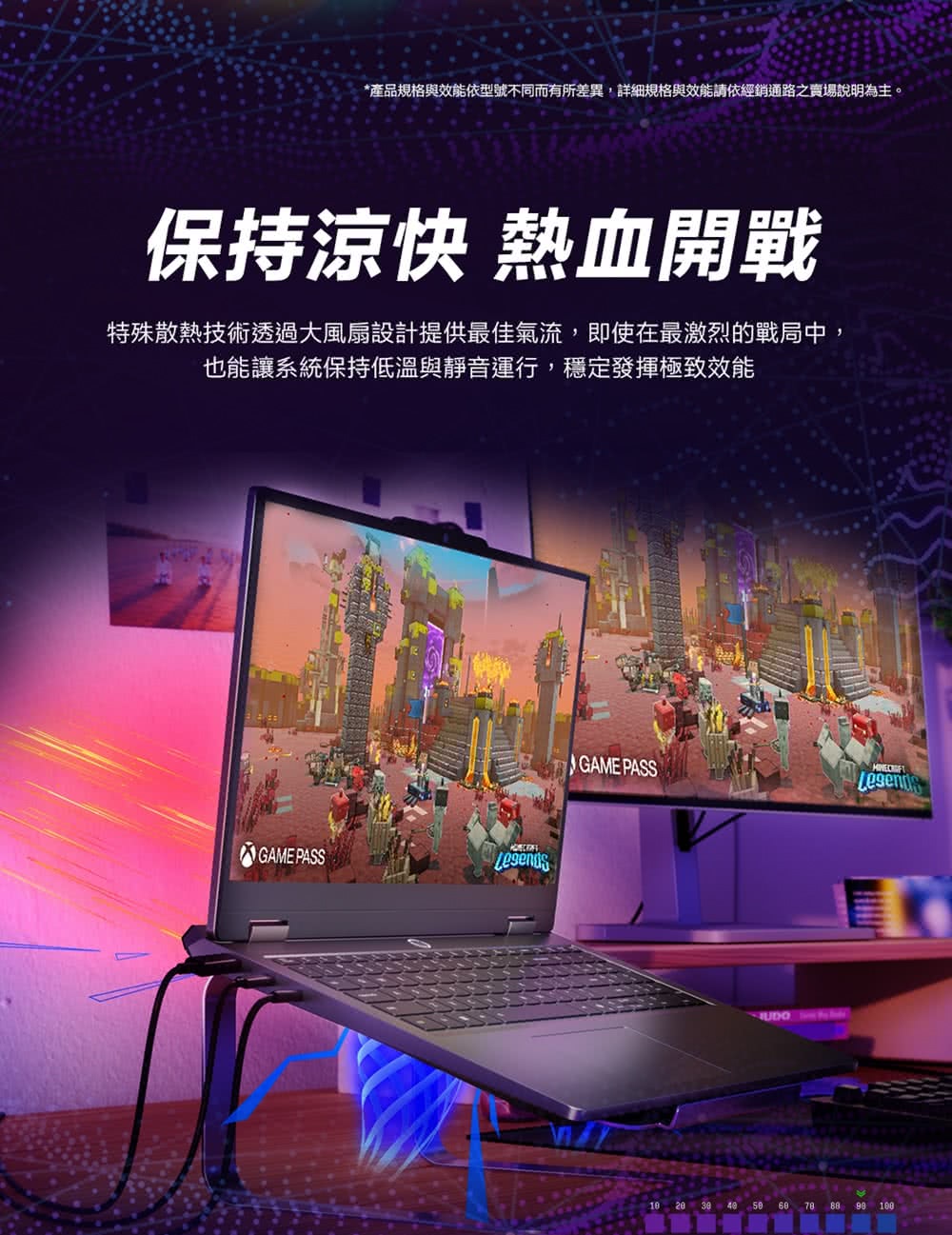 *產品規格與效能依型號不同而有所差異,詳細規格與效能請依經銷通路之賣場說明為主。保持涼快 熱血開戰特殊散熱技術透過大風扇設計提供最佳氣流,即使在最激烈的戰局中,也能讓系統保持低溫與靜音運行,穩定發揮極致效能GAME PASSGAME PASSUDO 20 78100
