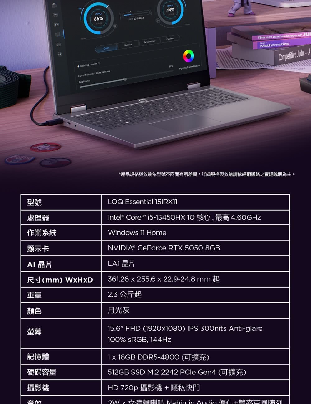 CPU66 % 44%Performance Themes theme Spiral rainbowBrightnessLighting Theme The art and of Mathematics -A*產品規格與效能依型號不同而有所差異,詳細規格與效能請依經銷通路之賣場說明為主。型號處理器作業系統顯示卡LOQ Essential 15IRX11Intel® Core™ i5-13450HX 核心,最高4.60GHzWindows 11 HomeNVIDIA® GeForce RTX 5050 8GB晶片361.26 x 255.6 x 22.9-24.8 mm起AI晶片尺寸(mm) 重量2.3 公斤起顏色螢幕記憶體硬碟容量攝影機月光灰15.6 FHD (1920x1080) IPS 300nits Anti-glare100% sRGB, 144Hz1x 16GB DDR5-4800(可擴充)512GB SSD M.2 2242 Gen4 (可擴充)HD 720p 攝影機 隱私快門 Nahimic +