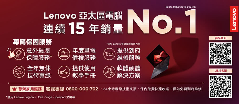 Lenovo 亞太區電腦依 計算 2010至2024年連續15年 No.1專屬保固服務*詳見 Lenovo 網保障服務內容意外損壞年度筆電保障服務*健檢服務提供到府維修服務全年無休提供使用軟體硬體技術專線教學手冊解決方案尊榮家用服務 客服專線 0800-000-70224小時專線技術支援·保內免費快遞收送·保內免費到府維修*適用 Lenovo Legion、LOQ、Yoga、Ideapad 之機款商品註冊LINE客服Lenovo