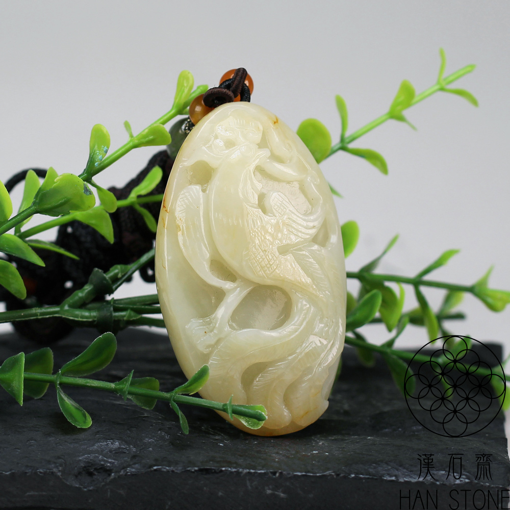漢石齋】天然和田玉鳳凰呈祥玉佩吊墜白玉帶沁色(36*58*19mm) - momo