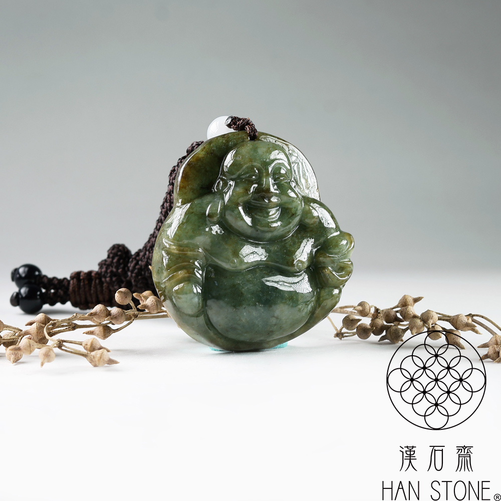 漢石齋】天然翡翠A貨彌勒佛玉佩吊墜飄花種帶黃翡(42*45*11mm) - momo