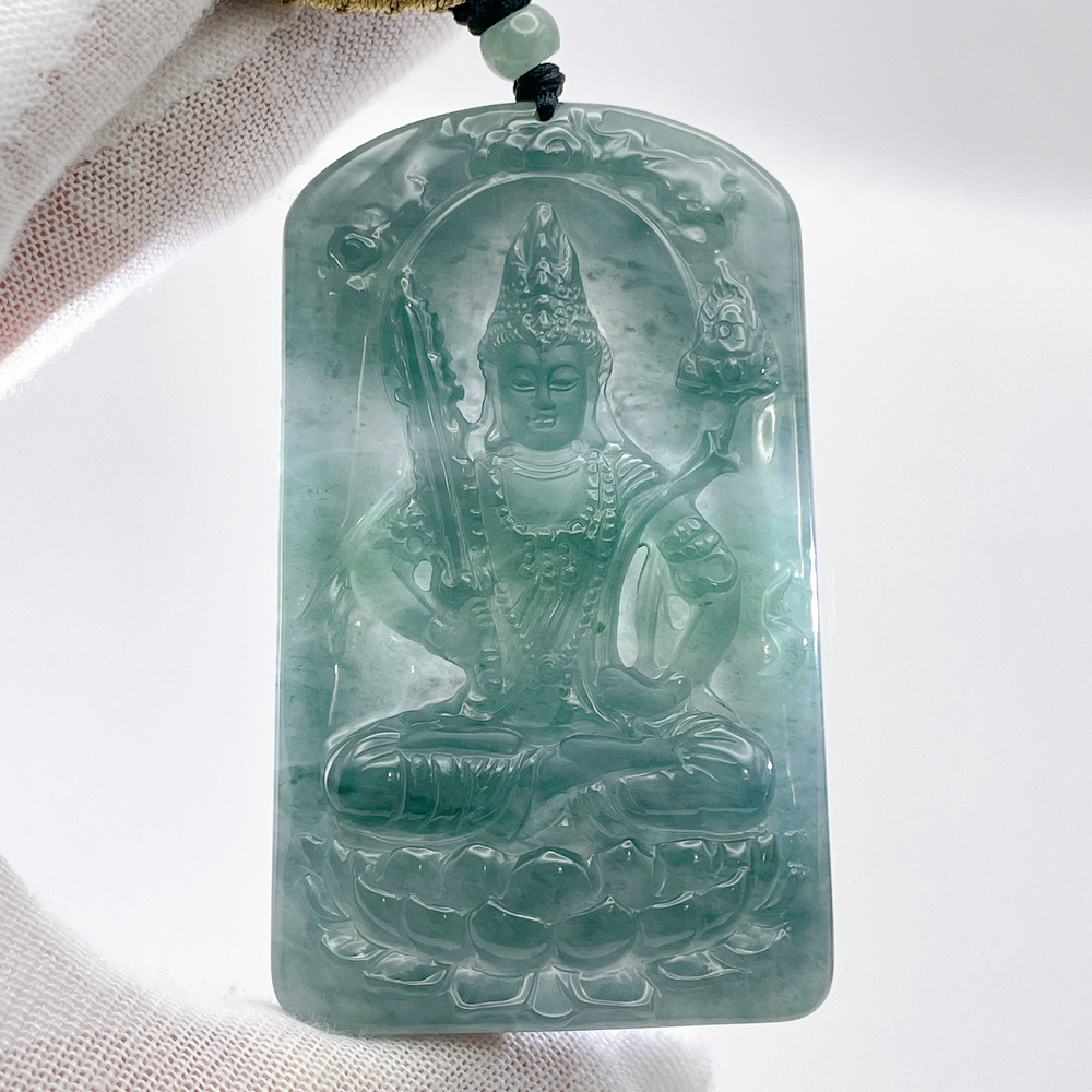 琪臻珠寶】天然A貨翡翠糯冰種藍水山水文殊觀音吊墜(福慧兼修_智慧護身